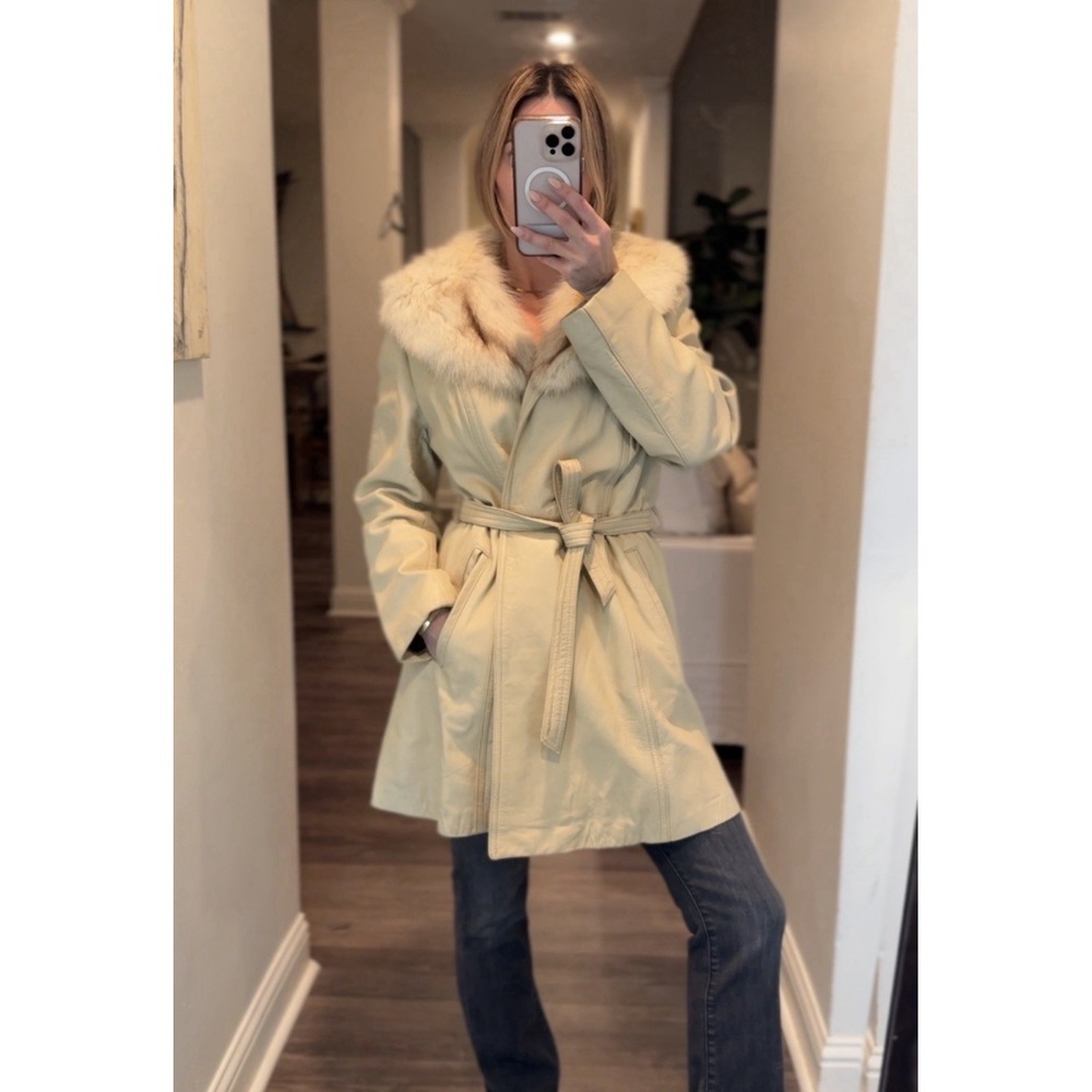 Vintage Cream Leather Coat Genuine Fox Fur Collar Belted Long Jacket Mobwife